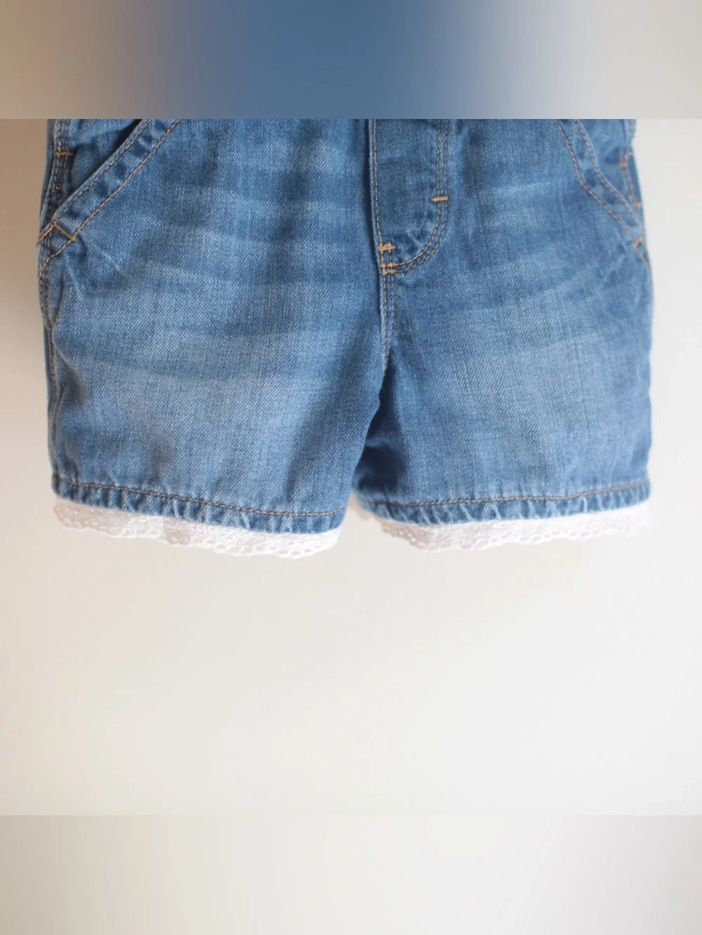 OshKosh B'gosh Medium Blue Denim Short Overalls with Lace Hem 2T